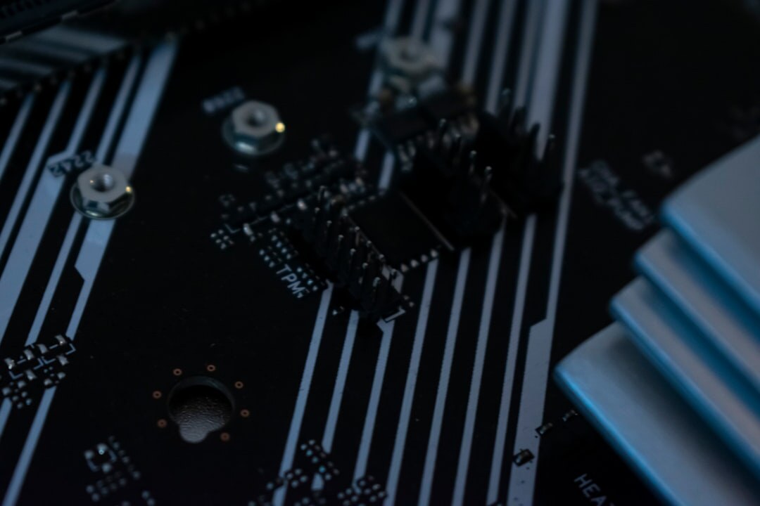 Circuit board close-up with glowing blue lights